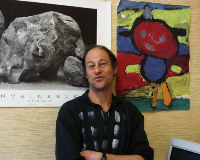 Marc Shapiro with L'lphant and kid's painting in background